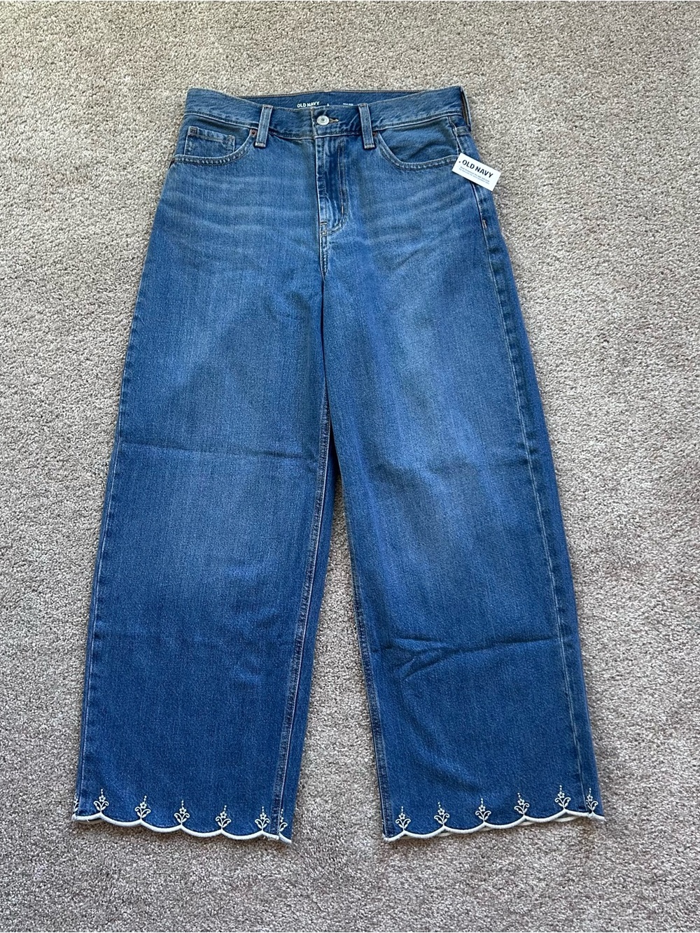 Old Navy Denim High Rise Baggy Wide Leg Jeans Scalloped Embroidered Hem 4 NWT